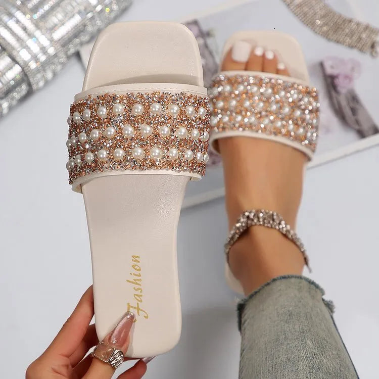 Women's Fashionable Faux Pearl Decorated Slide Sandals
