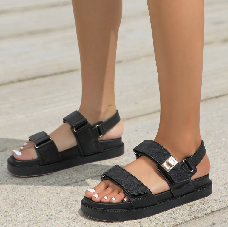 black platform buckle sandals