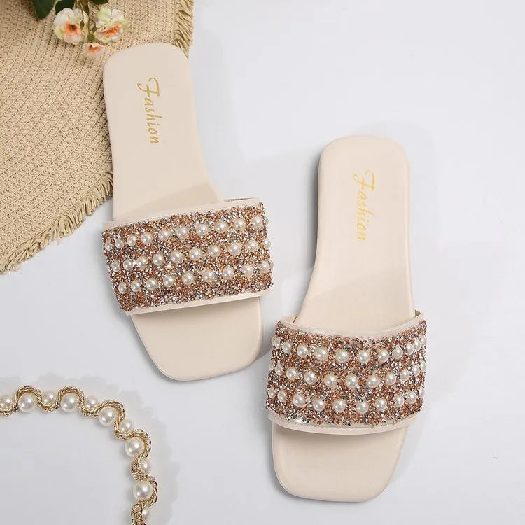 Women's Fashionable Faux Pearl Decorated Slide Sandals