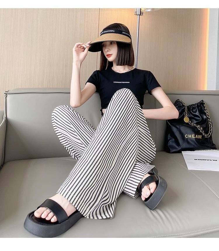 Black and White striped drawstring pants