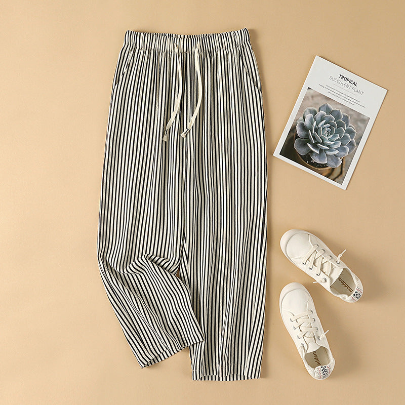 Black and White striped drawstring pants