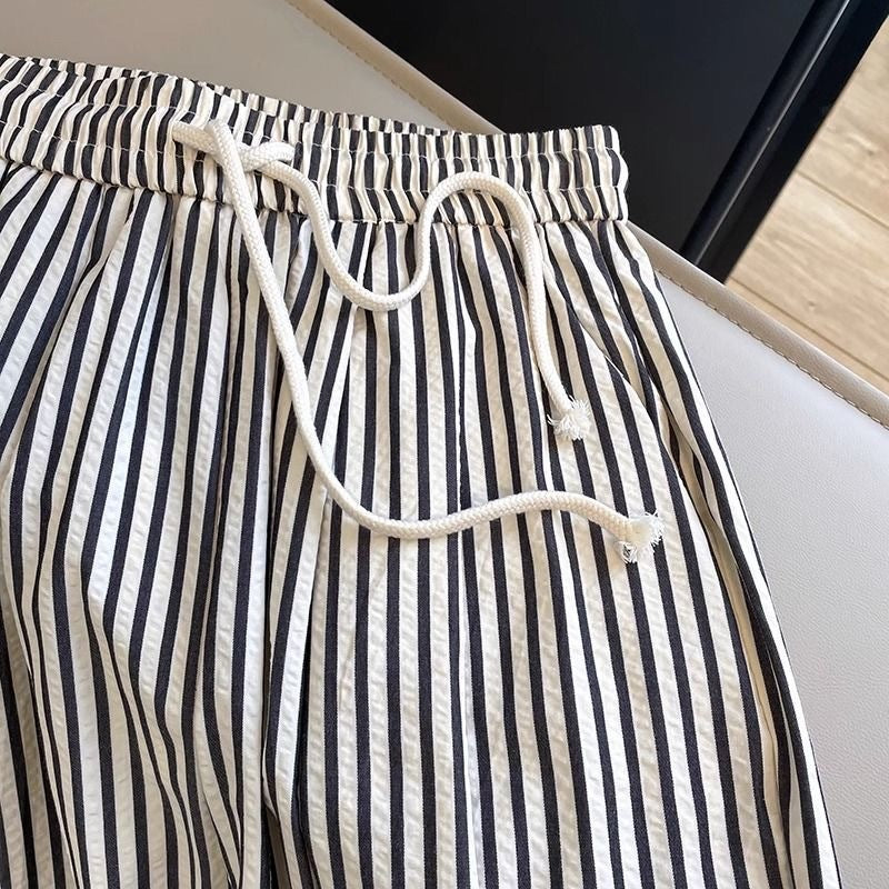 Black and White striped drawstring pants