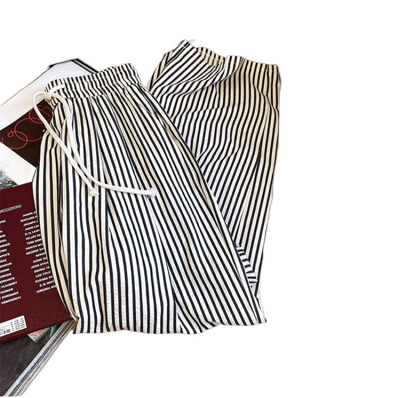 Black and White striped drawstring pants
