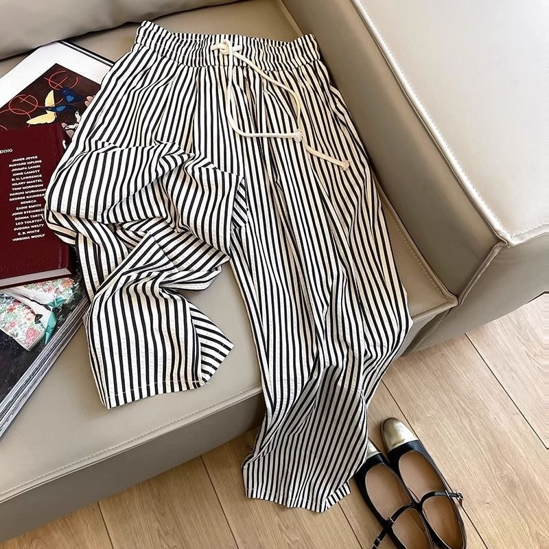 Black and White striped drawstring pants