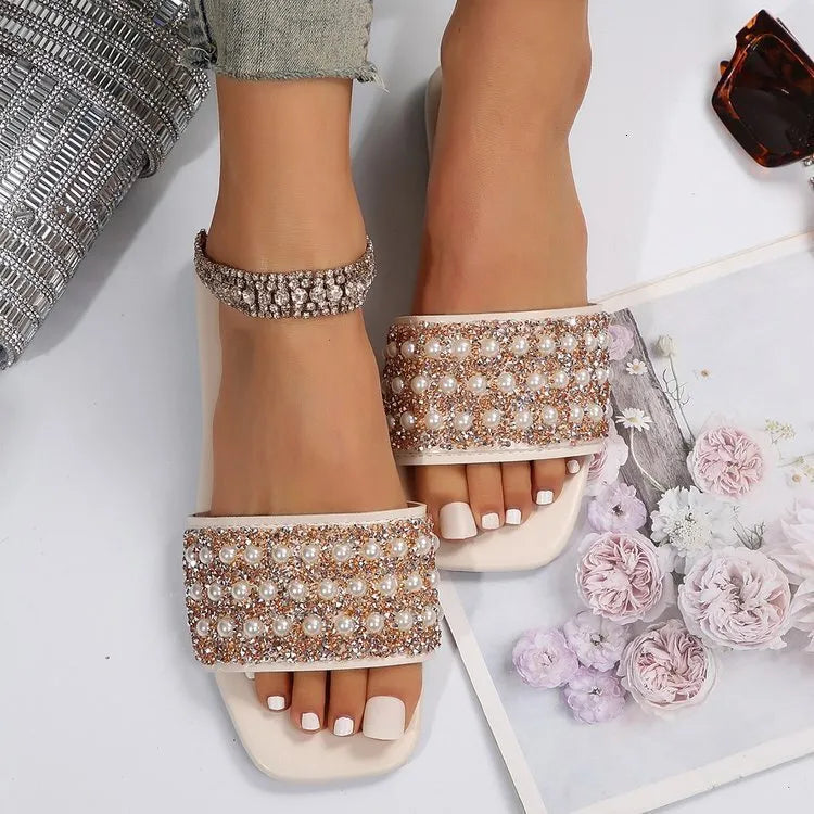 Women's Fashionable Faux Pearl Decorated Slide Sandals