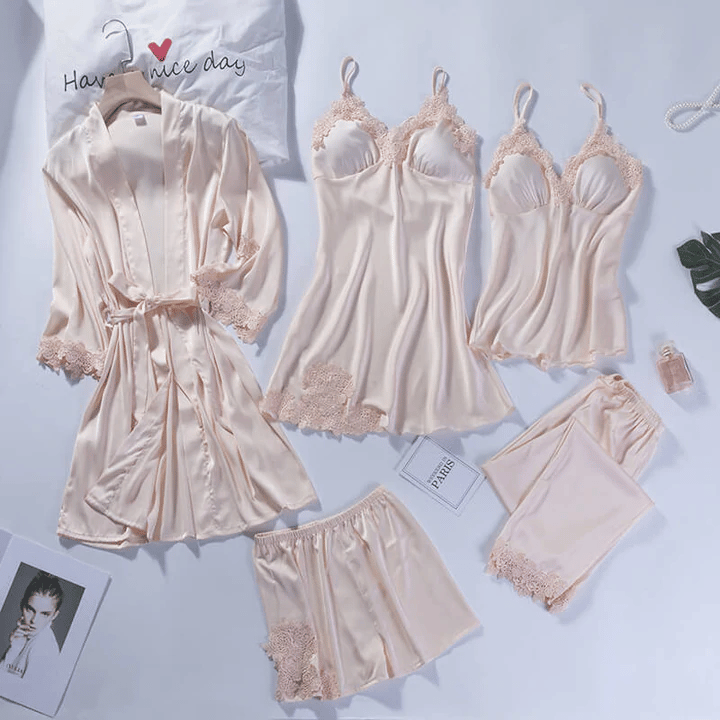 Blushy Silk 5 Piece Pajama Set